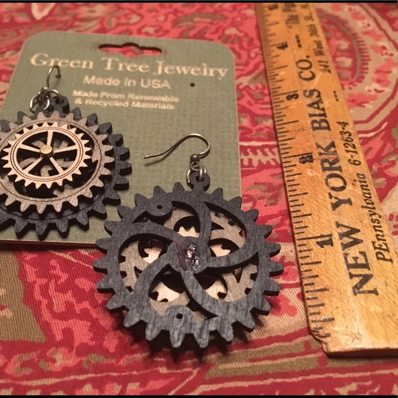 Wooden Cog Artisan Earrings - Picture 2 of 2